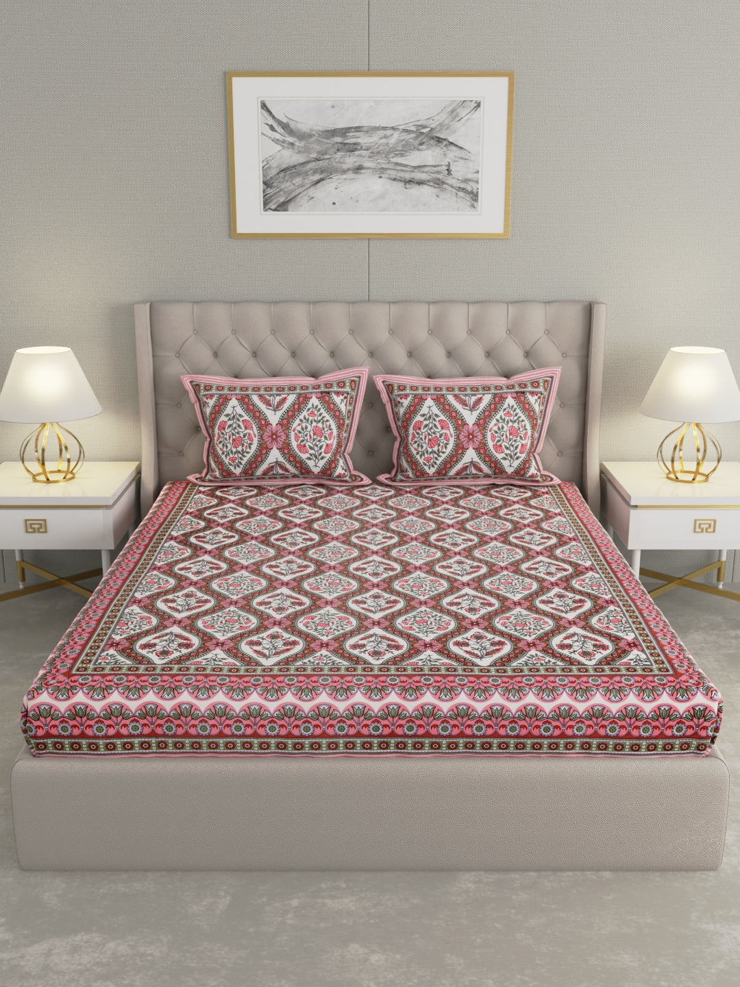 Pure Organic Cotton Bedsheet Hand Block Printed King Size with Pillow Covers 240 TC 90X108 inches