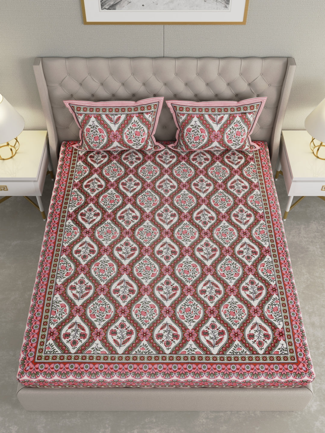 Pure Organic Cotton Bedsheet Hand Block Printed King Size with Pillow Covers 240 TC 90X108 inches