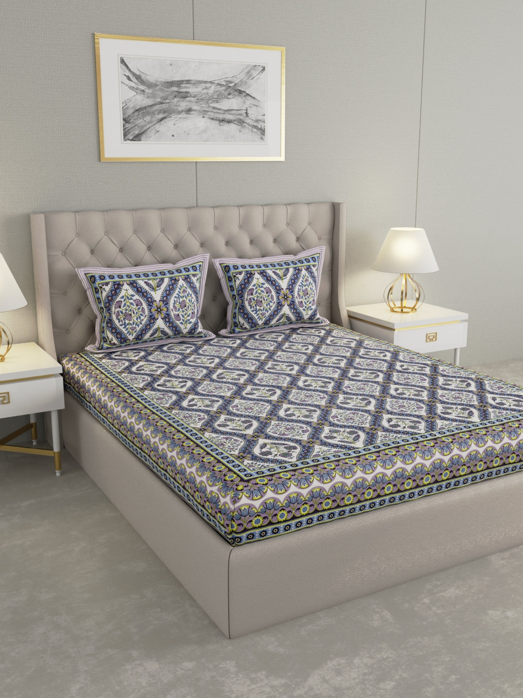 Pure Organic Cotton Bedsheet Hand Block Printed King Size with Pillow Covers 240 TC 90X108 inches