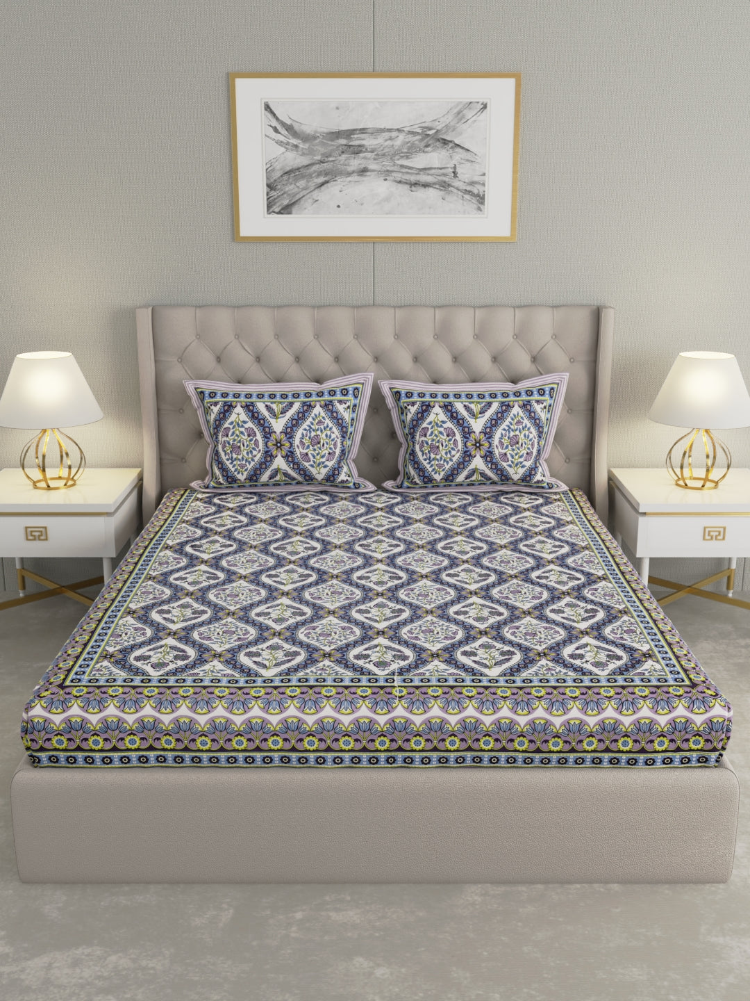 Pure Organic Cotton Bedsheet Hand Block Printed King Size with Pillow Covers 240 TC 90X108 inches