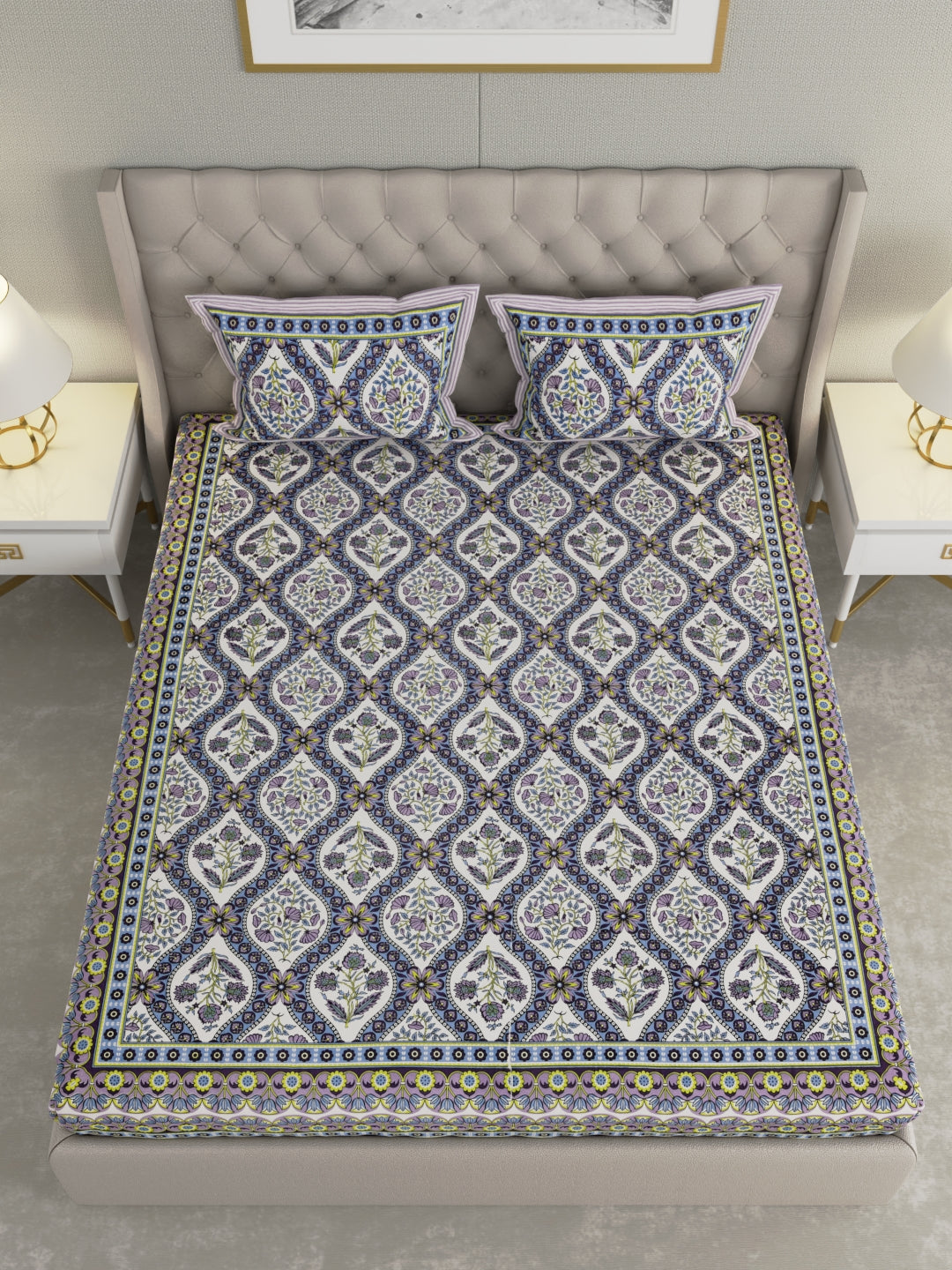 Pure Organic Cotton Bedsheet Hand Block Printed King Size with Pillow Covers 240 TC 90X108 inches
