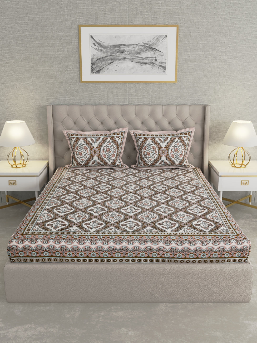 Pure Organic Cotton Bedsheet Hand Block Printed King Size with Pillow Covers 240 TC 90X108 inches