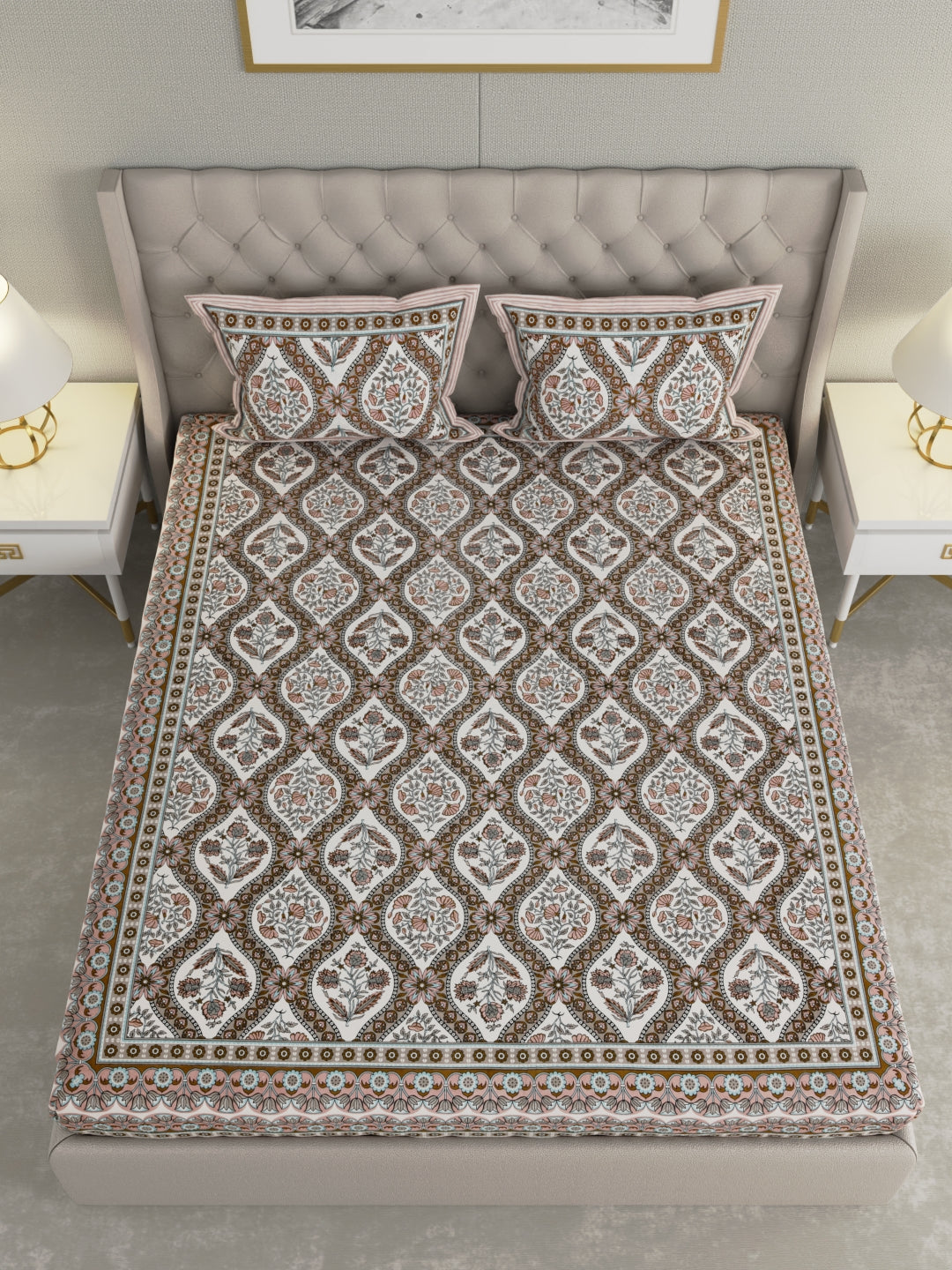 Pure Organic Cotton Bedsheet Hand Block Printed King Size with Pillow Covers 240 TC 90X108 inches