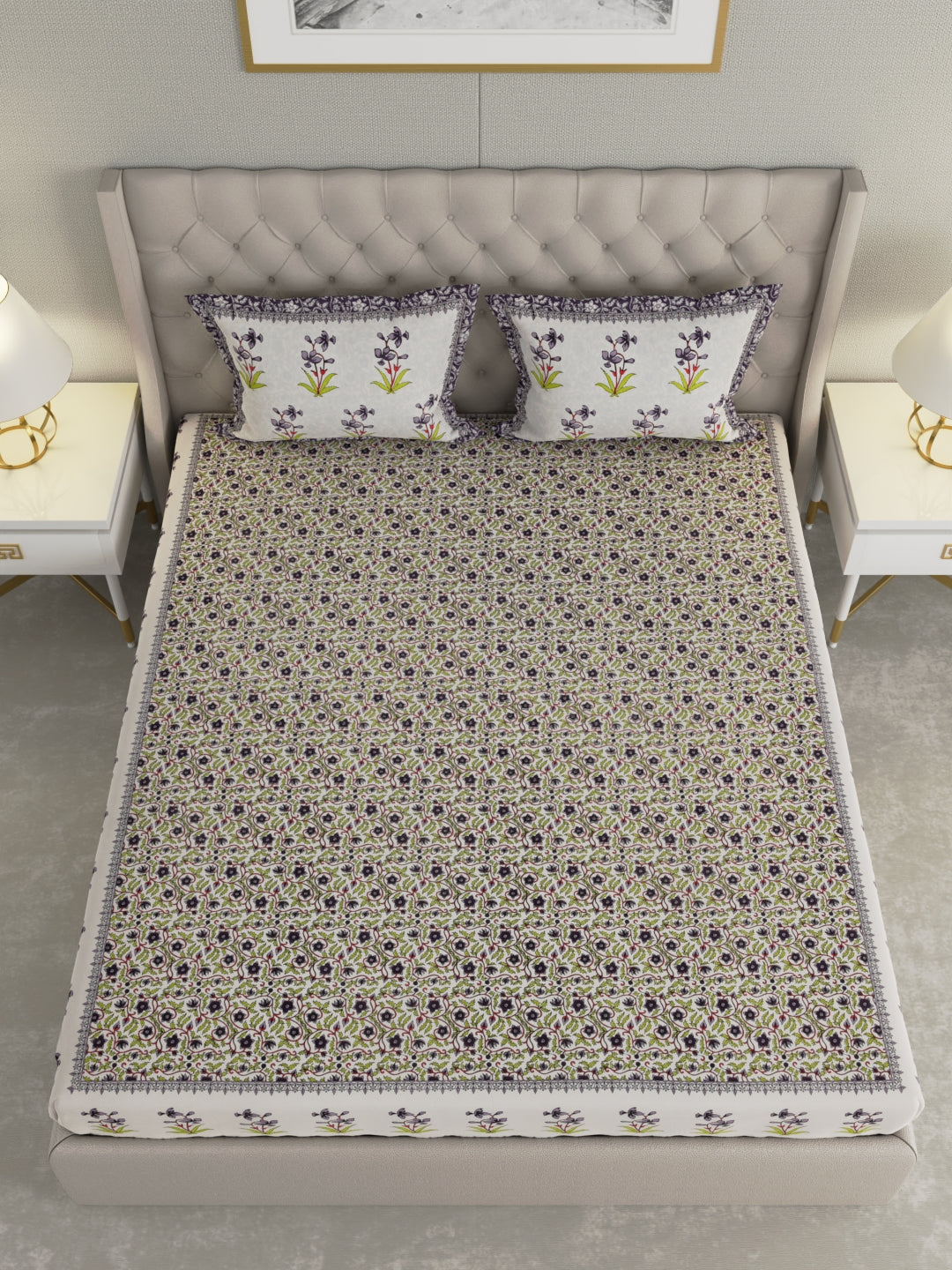 Pure Organic Cotton Bedsheet Hand Block Printed King Size with Pillow Covers 240 TC 90X108 inches