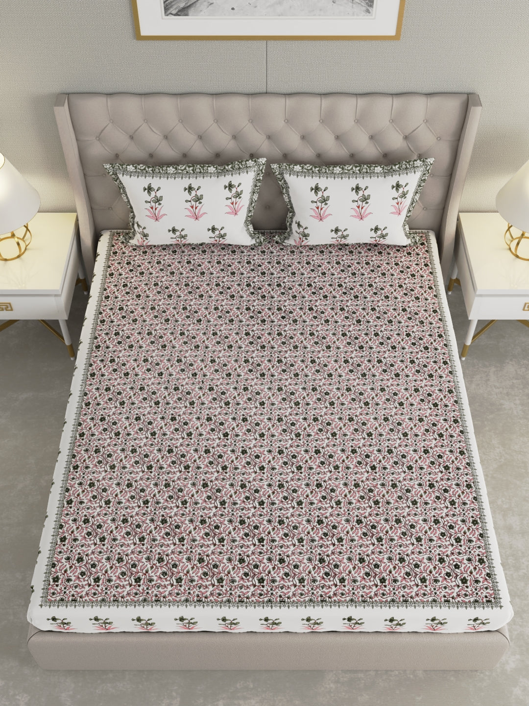 Pure Organic Cotton Bedsheet Hand Block Printed King Size with Pillow Covers 240 TC 90X108 inches