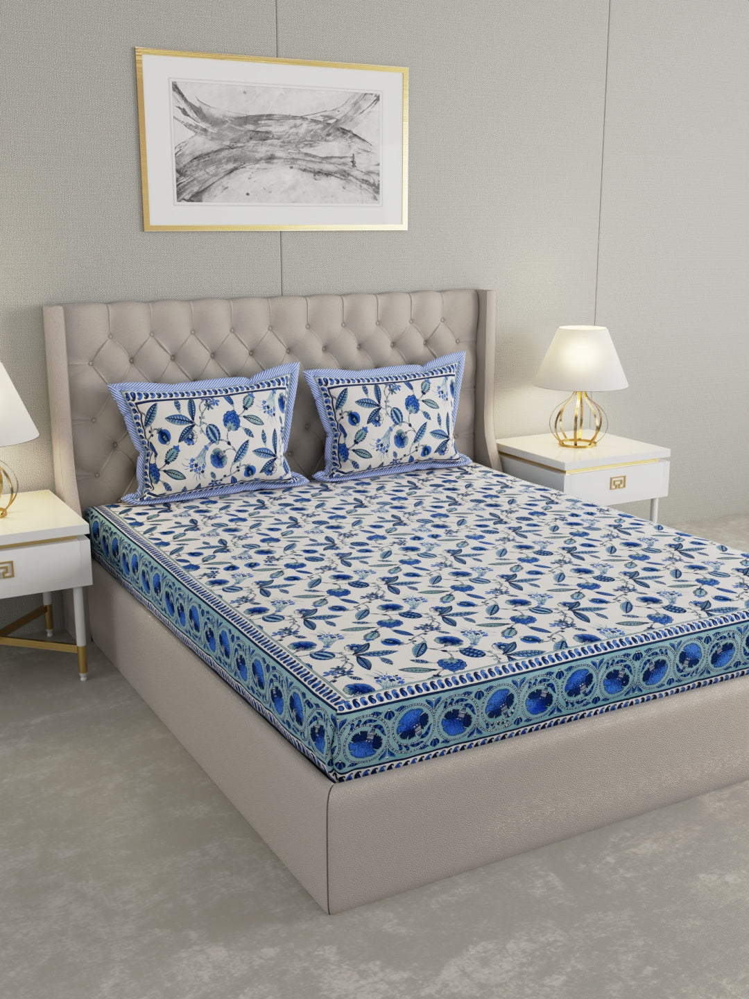 Pure Organic Cotton Bedsheet Hand Block Printed King Size with Pillow Covers 240 TC 90X108 inches
