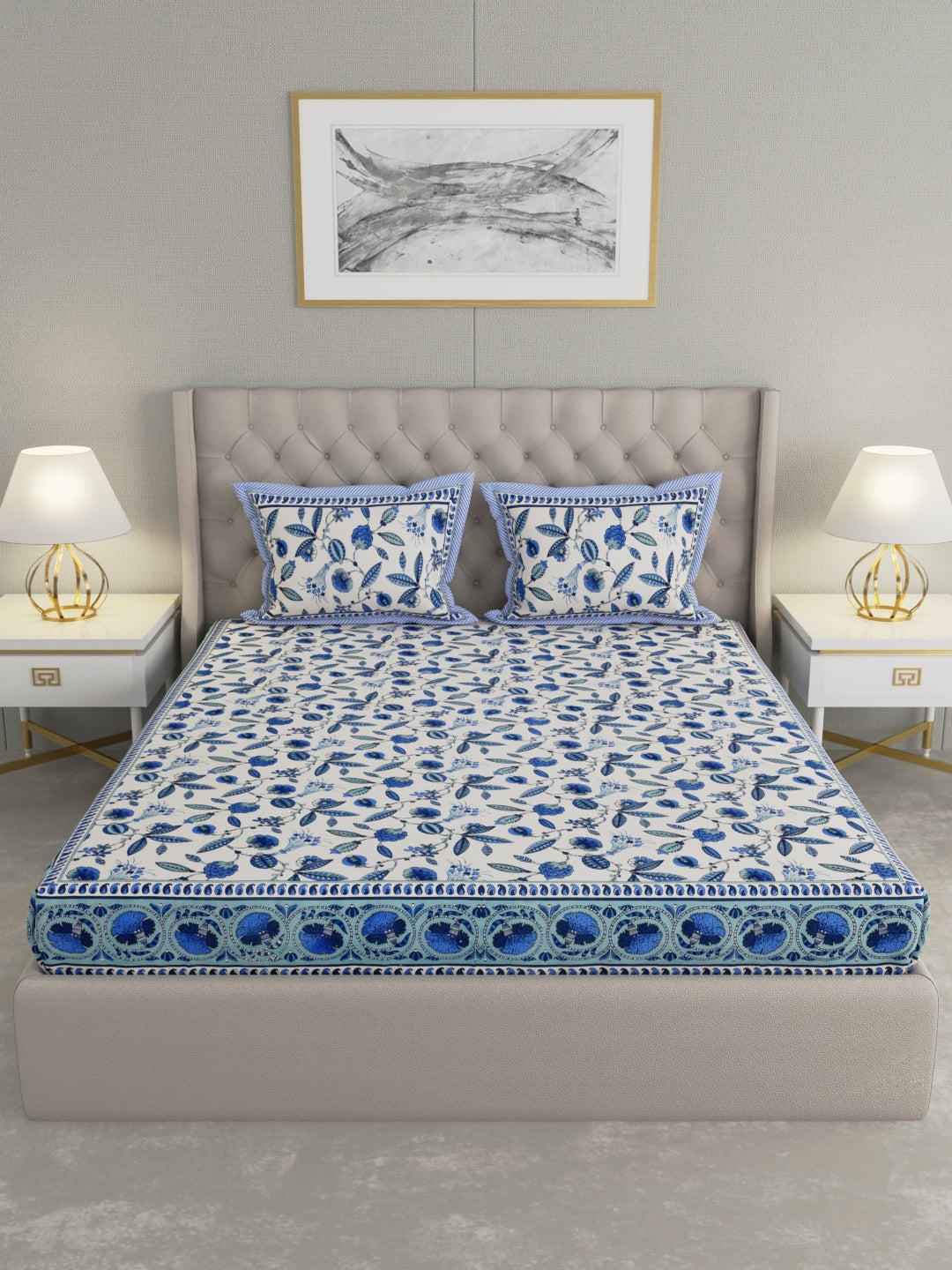 Pure Organic Cotton Bedsheet Hand Block Printed King Size with Pillow Covers 240 TC 90X108 inches