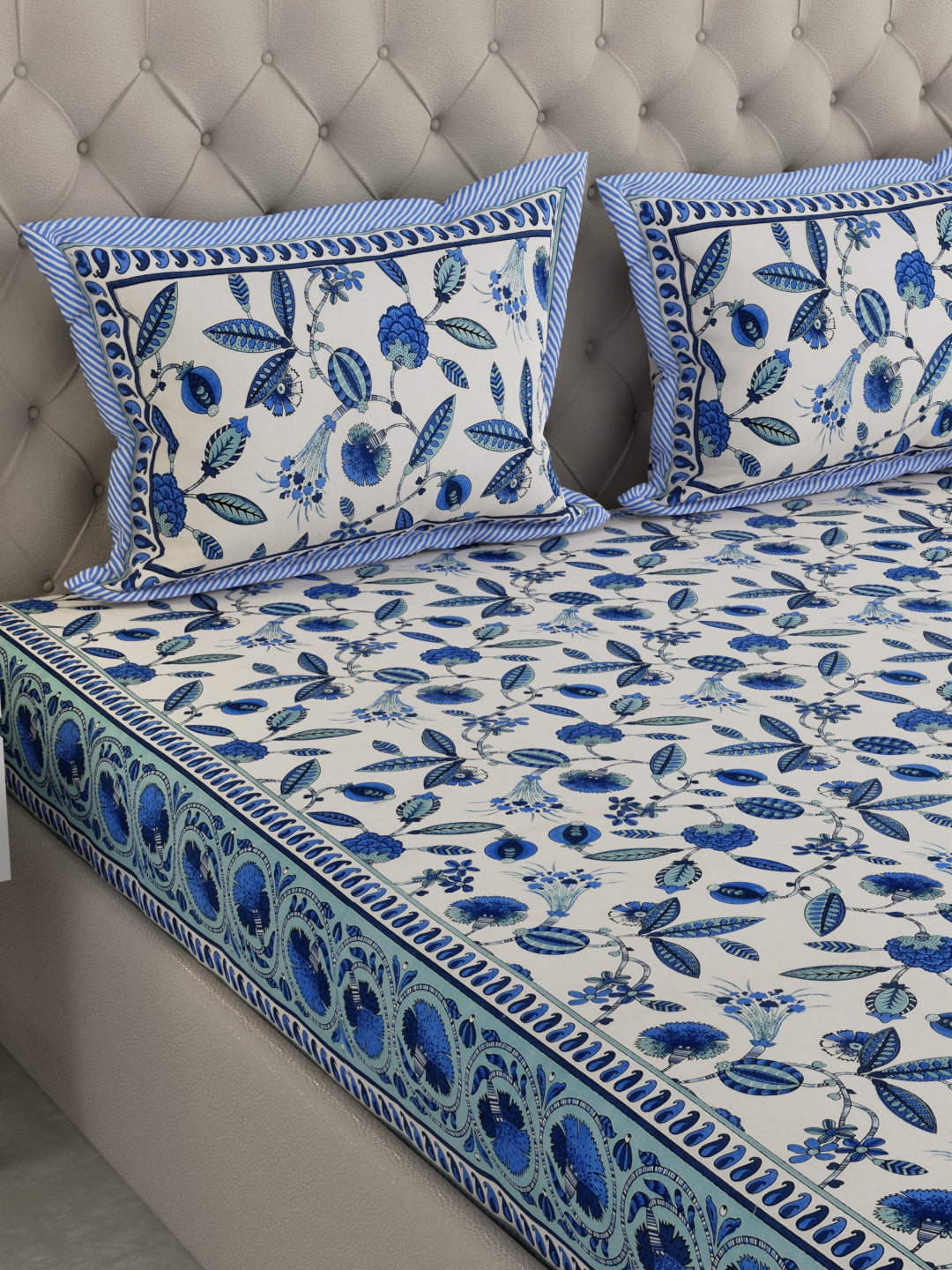 Pure Organic Cotton Bedsheet Hand Block Printed King Size with Pillow Covers 240 TC 90X108 inches