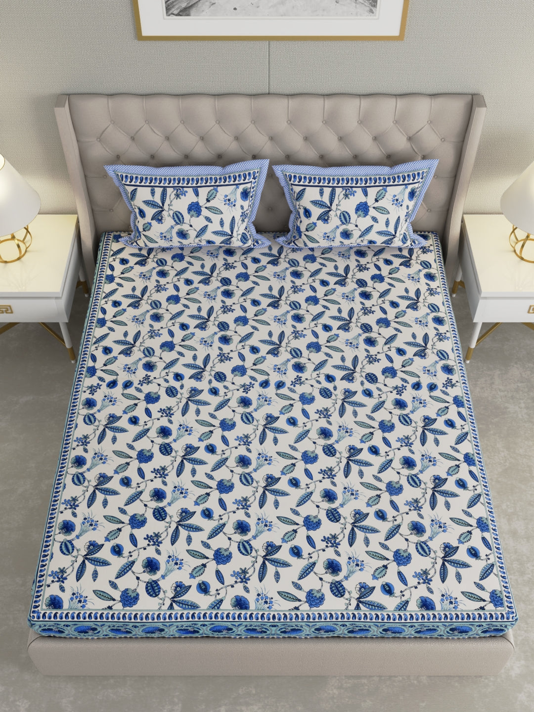 Pure Organic Cotton Bedsheet Hand Block Printed King Size with Pillow Covers 240 TC 90X108 inches