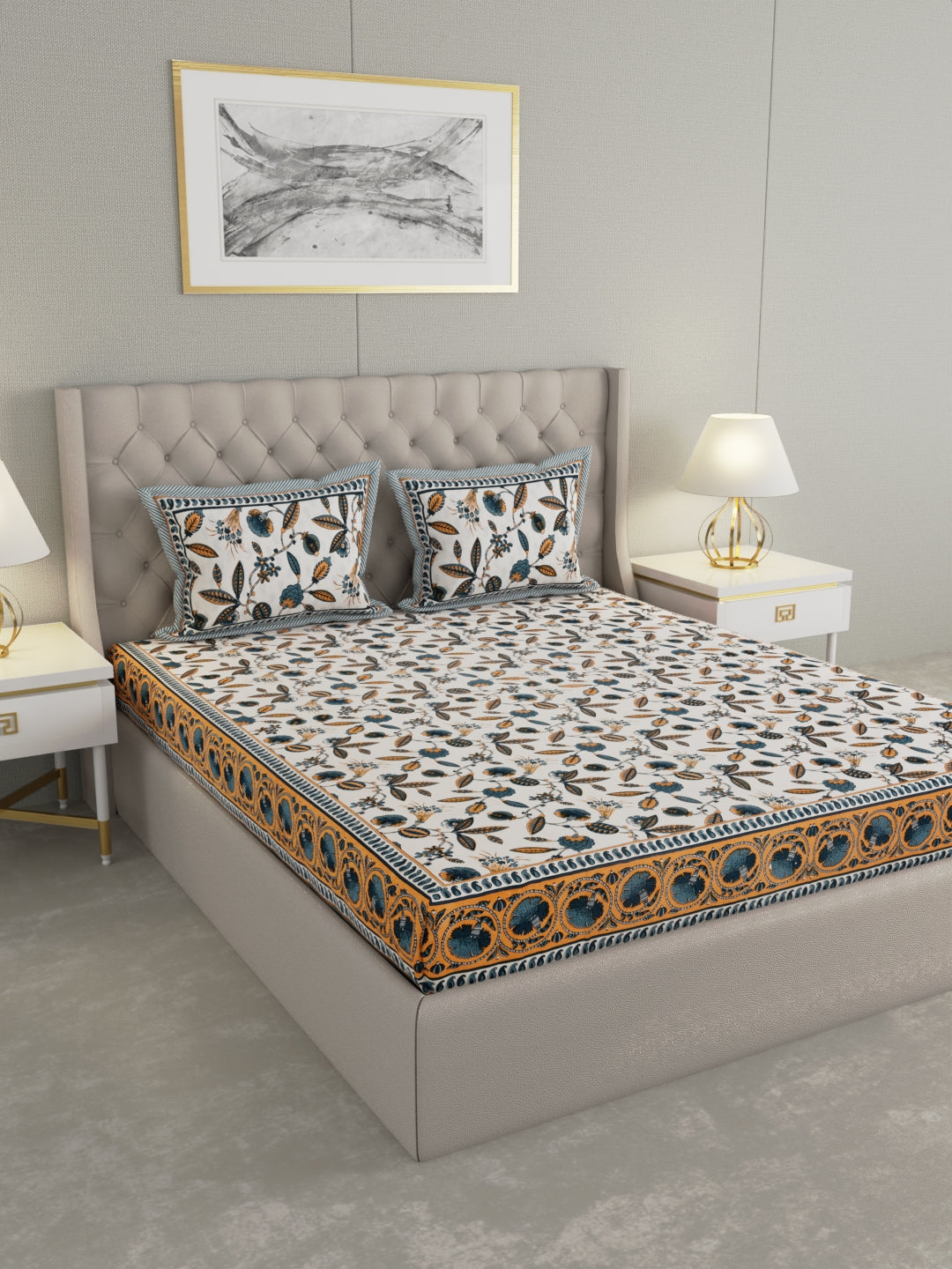 Pure Organic Cotton Bedsheet Hand Block Printed King Size with Pillow Covers 240 TC 90X108 inches