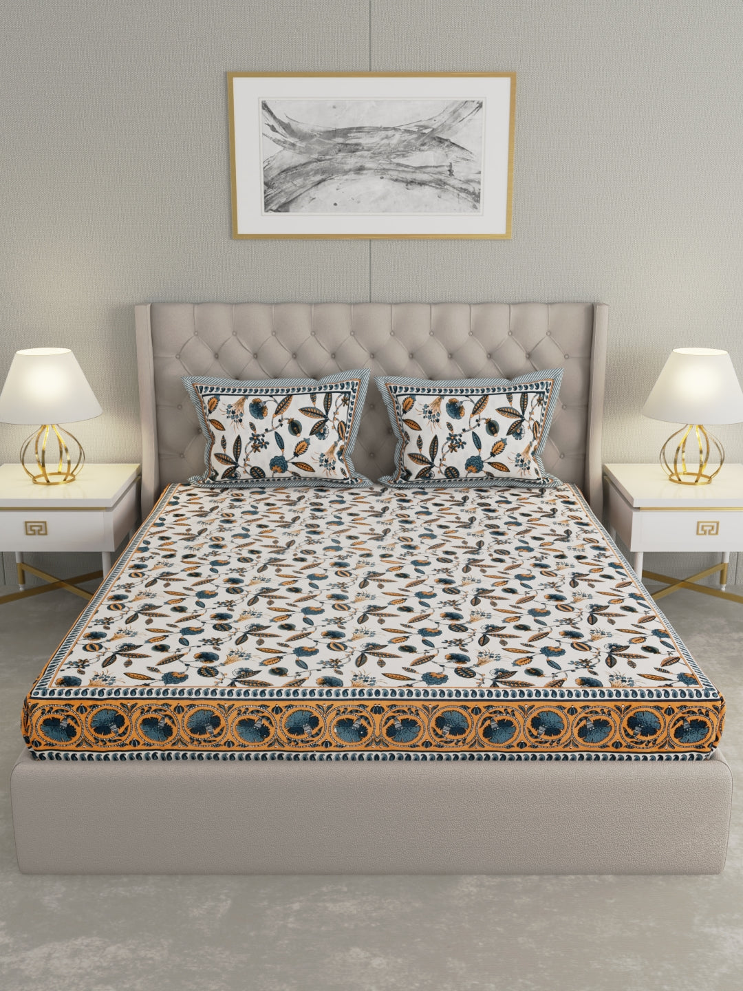 Pure Organic Cotton Bedsheet Hand Block Printed King Size with Pillow Covers 240 TC 90X108 inches