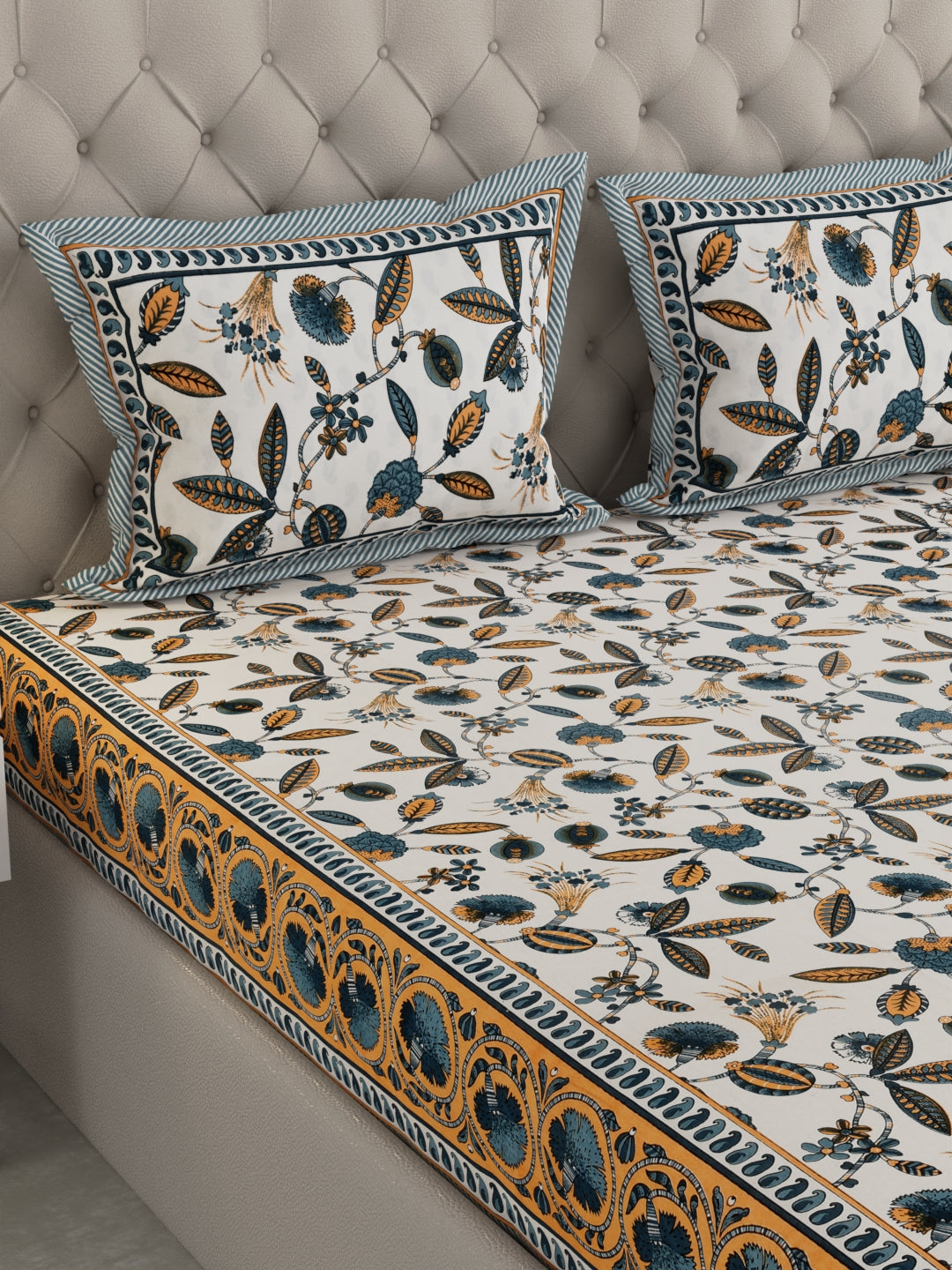 Pure Organic Cotton Bedsheet Hand Block Printed King Size with Pillow Covers 240 TC 90X108 inches