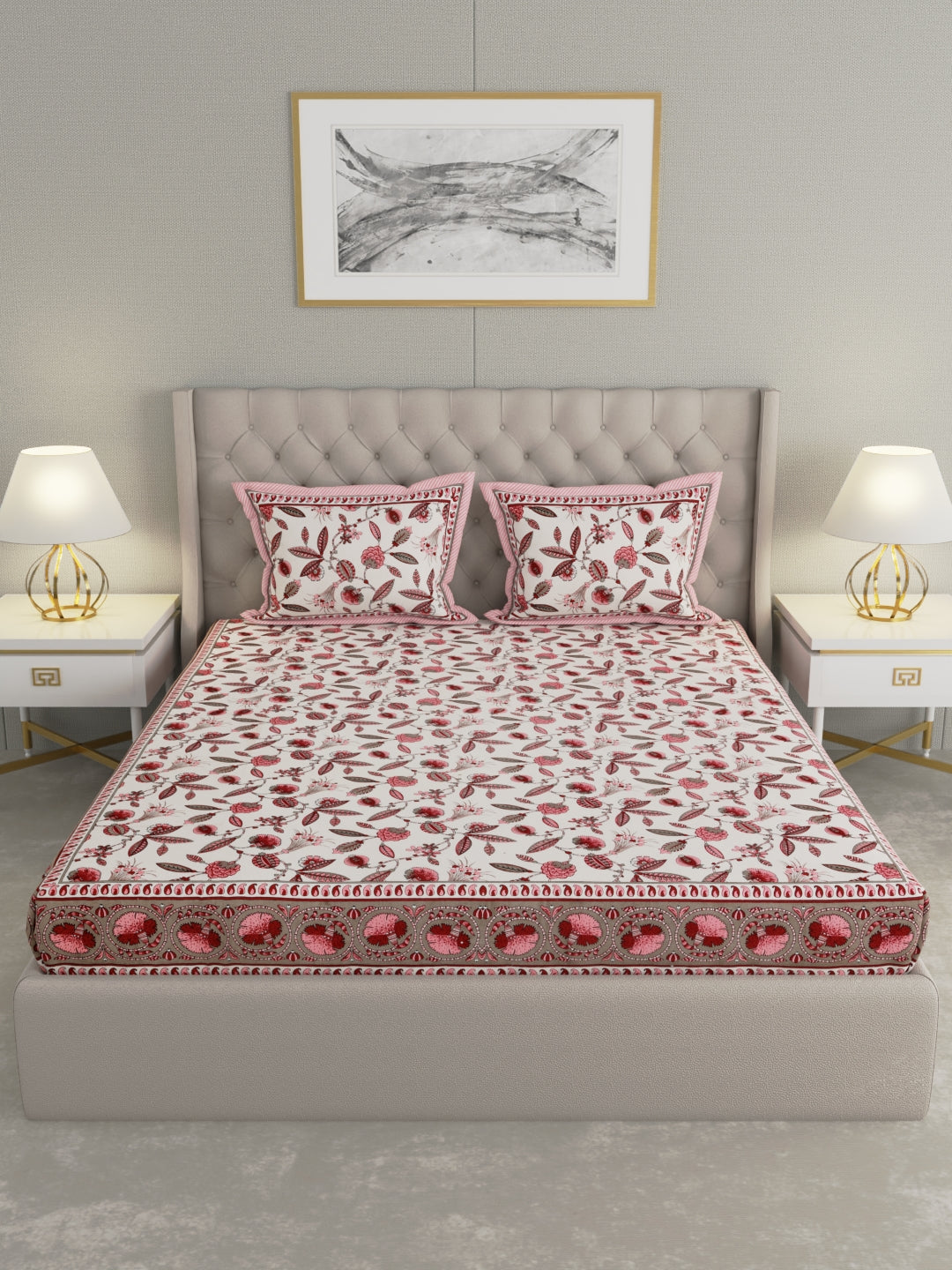 Pure Organic Cotton Bedsheet Hand Block Printed King Size with Pillow Covers 240 TC 90X108 inches
