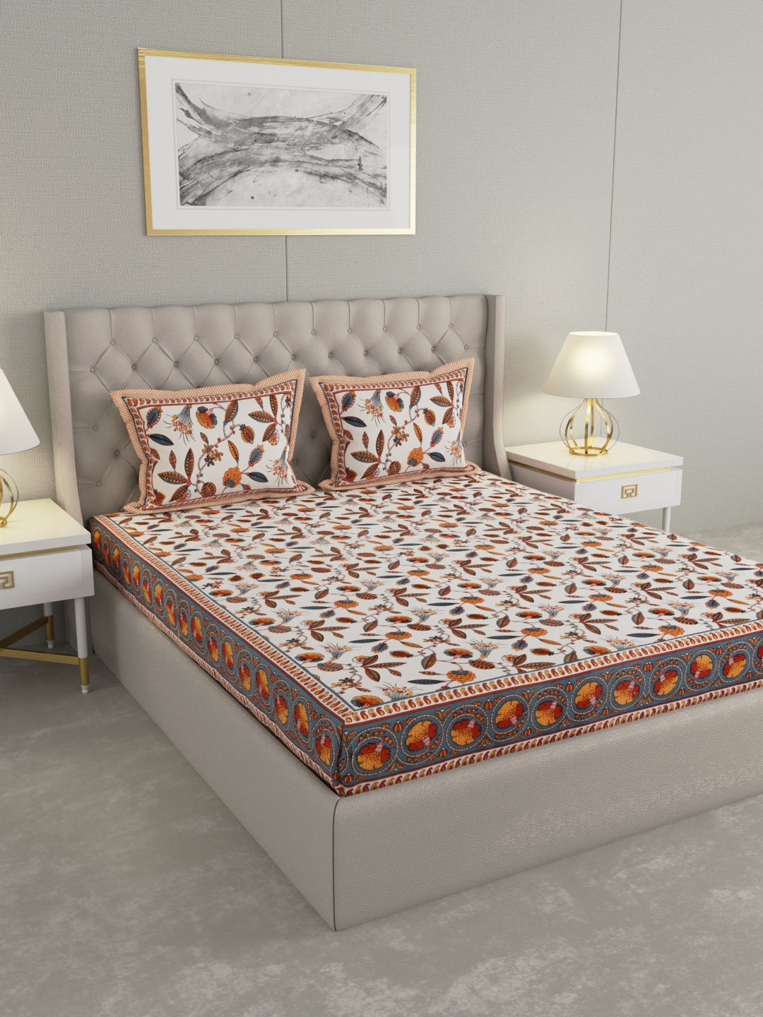 Pure Organic Cotton Bedsheet Hand Block Printed King Size with Pillow Covers 240 TC 90X108 inches