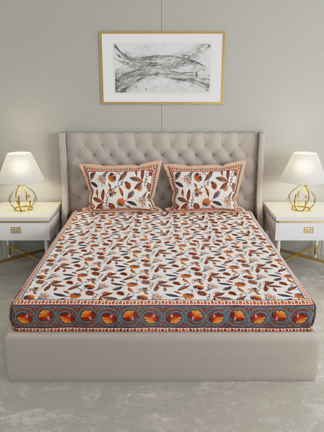 Pure Organic Cotton Bedsheet Hand Block Printed King Size with Pillow Covers 240 TC 90X108 inches