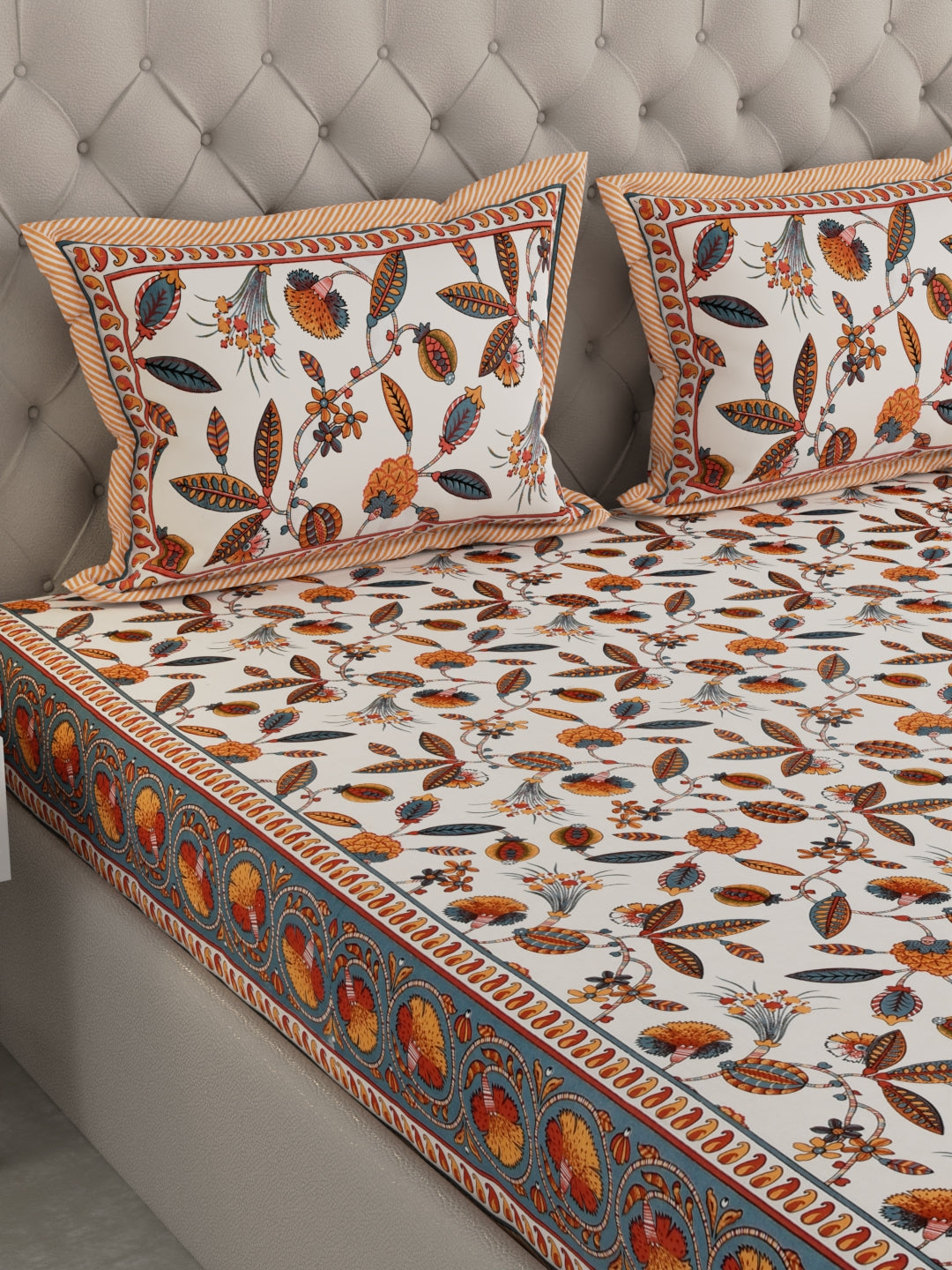 Pure Organic Cotton Bedsheet Hand Block Printed King Size with Pillow Covers 240 TC 90X108 inches