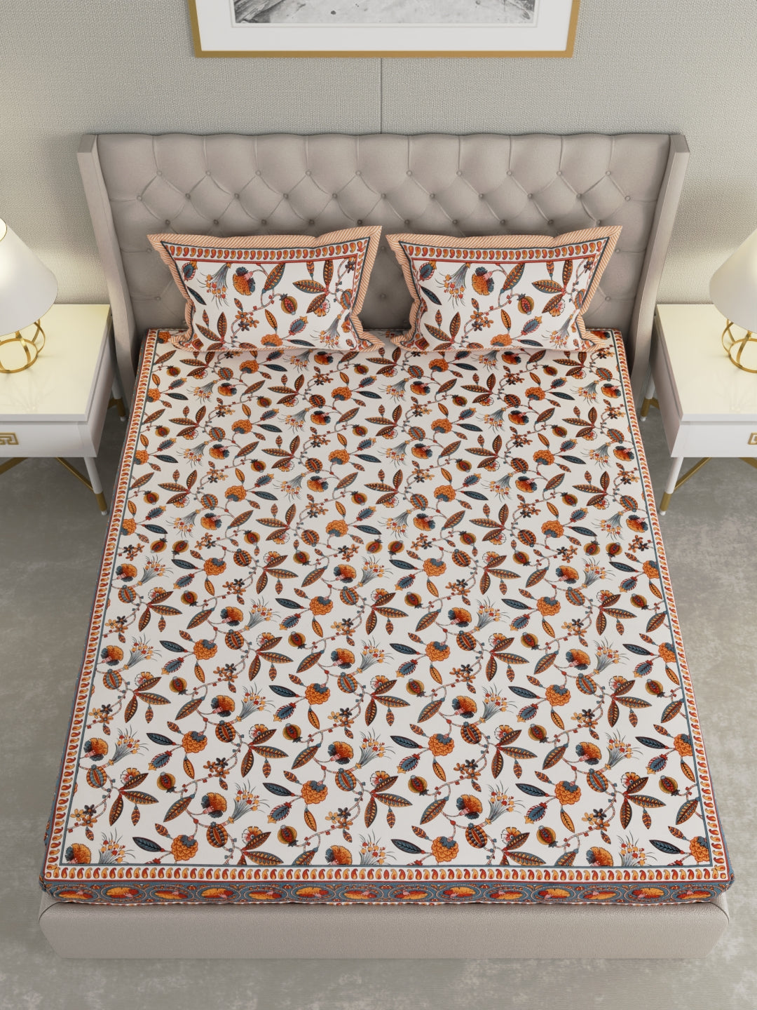Pure Organic Cotton Bedsheet Hand Block Printed King Size with Pillow Covers 240 TC 90X108 inches
