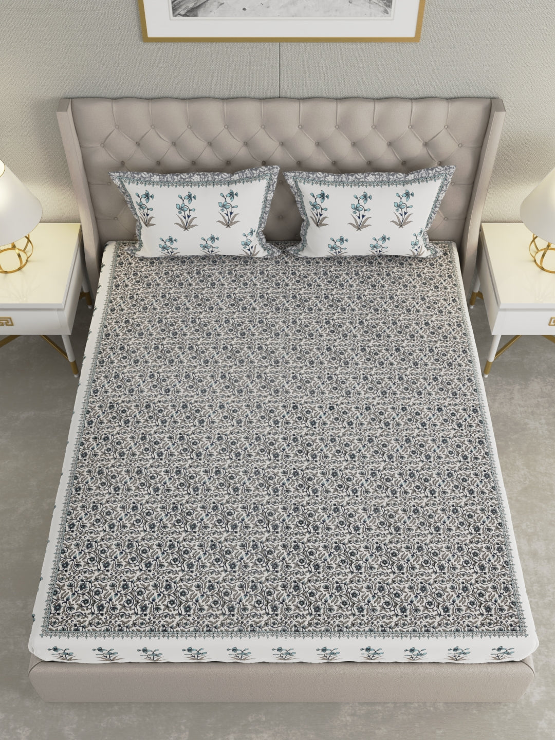 Pure Organic Cotton Bedsheet Hand Block Printed King Size with Pillow Covers 240 TC 90X108 inches