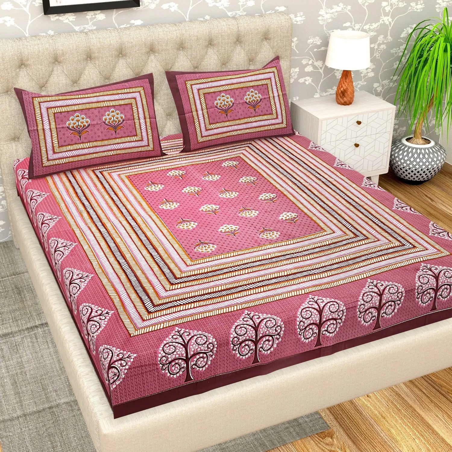100% Cotton Bedsheet for Double Bed King Size with Pillow Cover Set, 220 TC Gift Or Decor