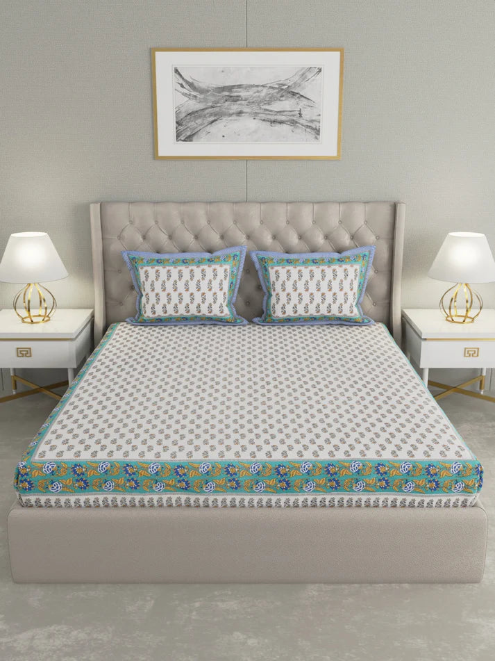 100% Pure Organic Cotton Fabric Hand Block Printed King Size Double Bedsheet with 2 Pillow Covers 340 TC Gift Or Decor