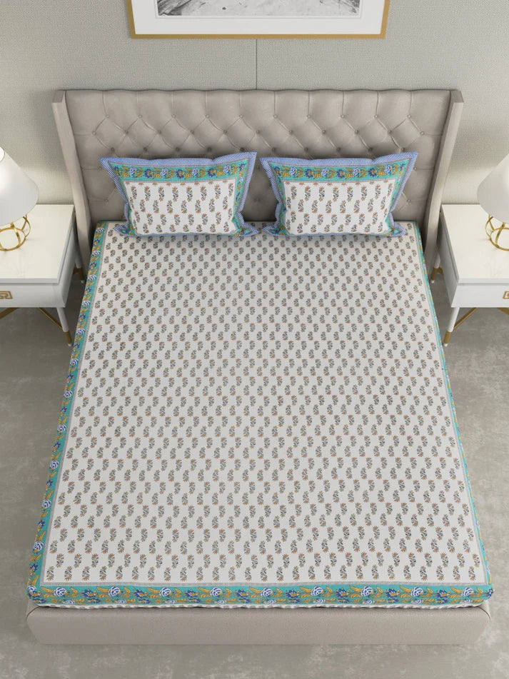 100% Pure Organic Cotton Fabric Hand Block Printed King Size Double Bedsheet with 2 Pillow Covers 340 TC Gift Or Decor
