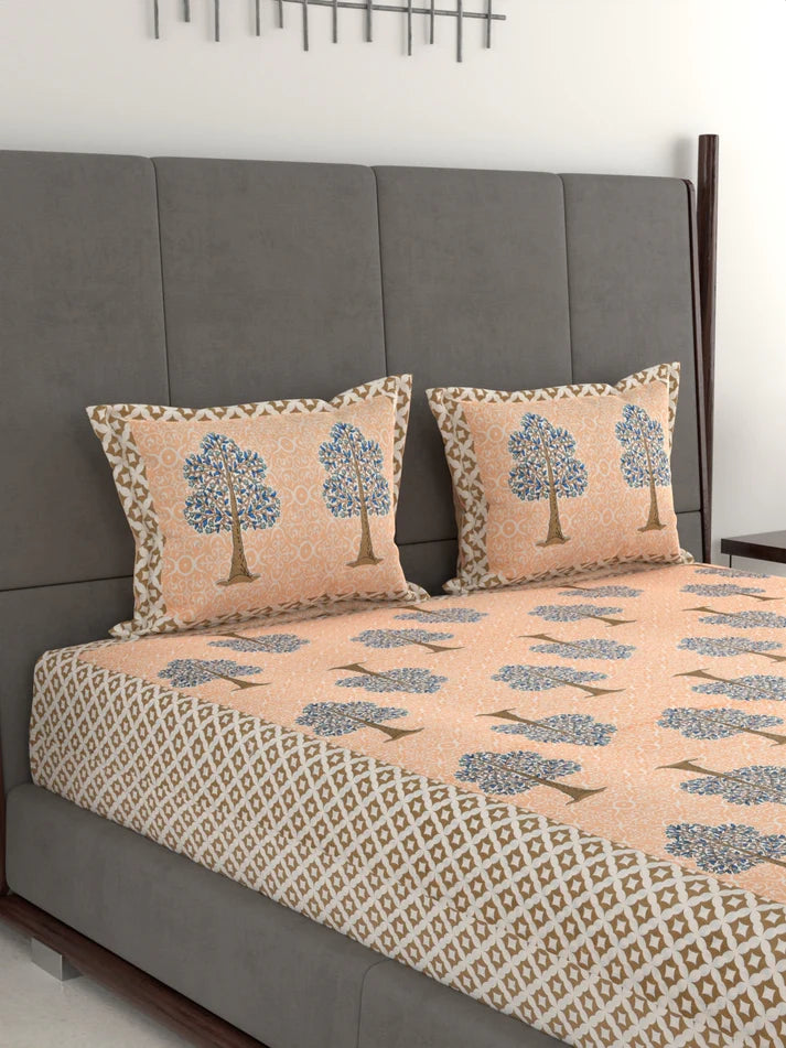100% Pure Organic Cotton Fabric Jaipuri Hand Block Printed Jumbo King Size Double Bedsheet with 2 Pillow Covers Gift Or Decor