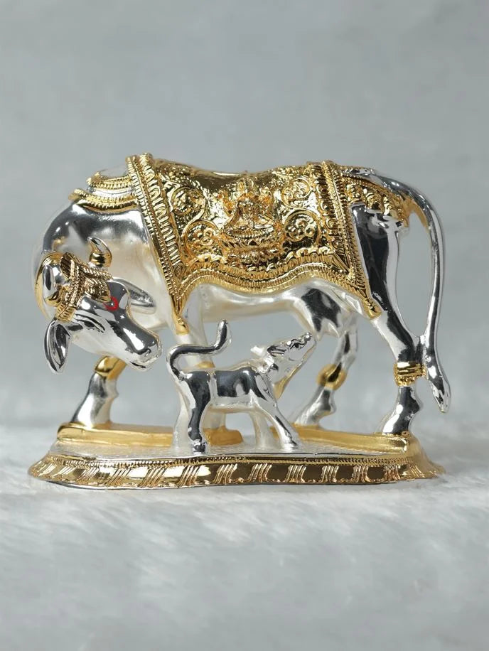 Silver Plated Kamadhenu Cow and Calf Idol GiftorDecor