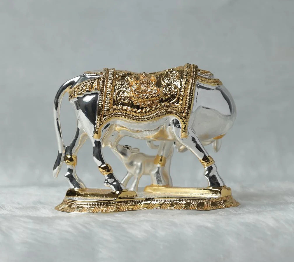 Silver Plated Kamadhenu Cow and Calf Idol GiftorDecor