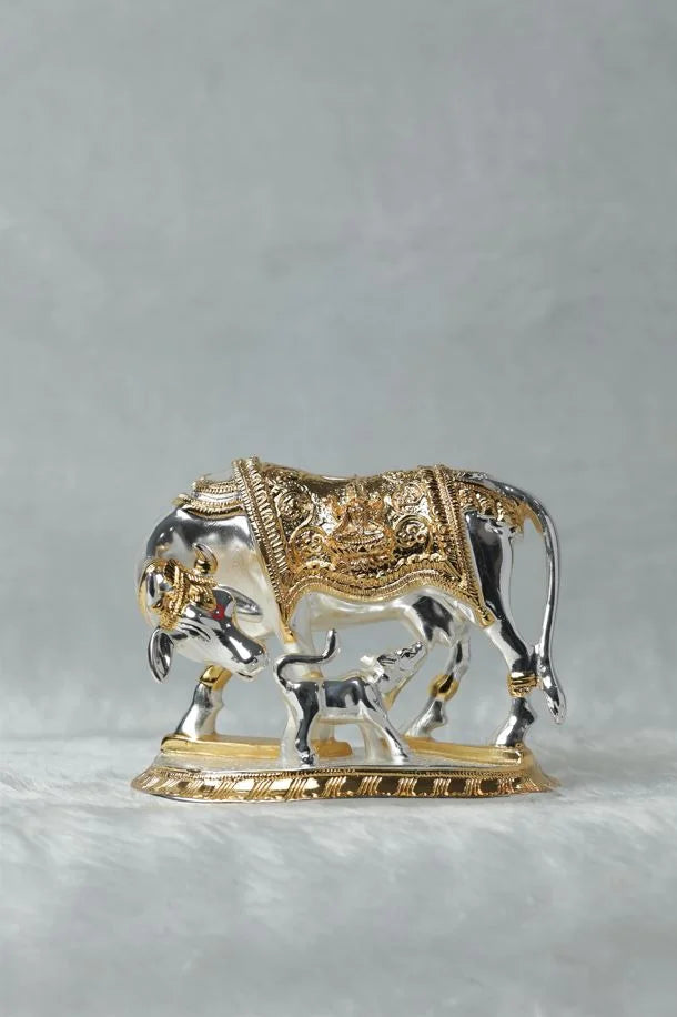 Silver Plated Kamadhenu Cow and Calf Idol GiftorDecor