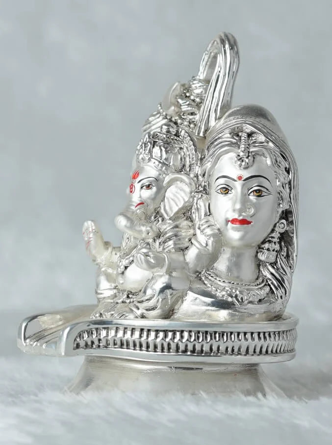 Silver Plated Antique Finish Shivling with Ganesha, Parvati Idol GiftorDecor