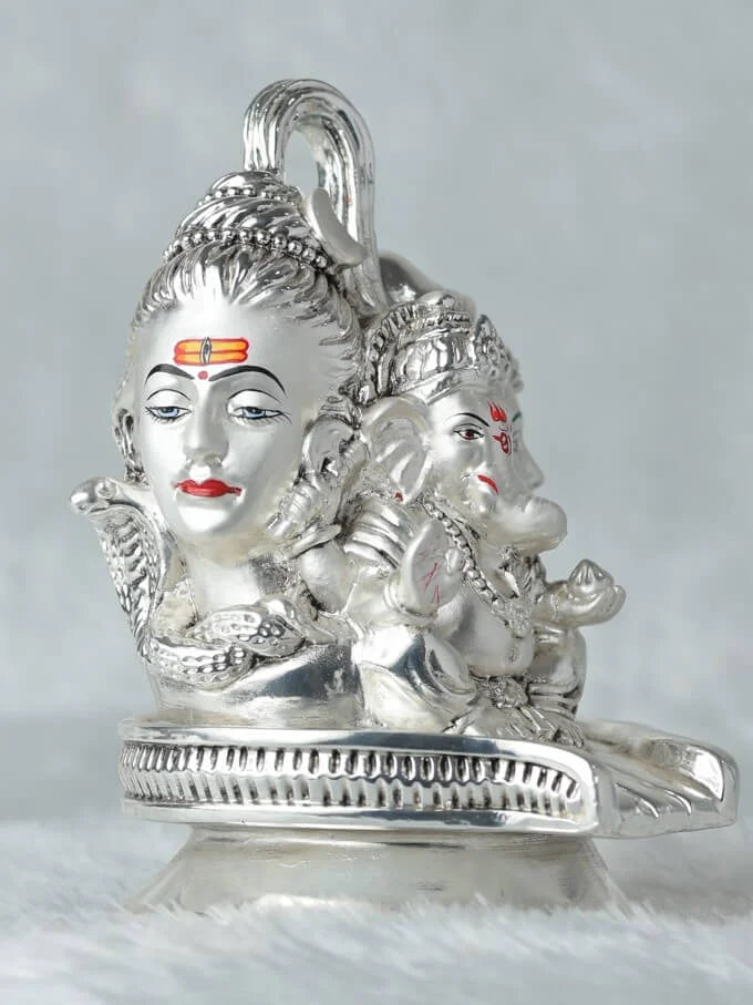 Silver Plated Antique Finish Shivling with Ganesha, Parvati Idol GiftorDecor