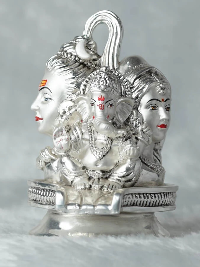 Silver Plated Antique Finish Shivling with Ganesha, Parvati Idol GiftorDecor