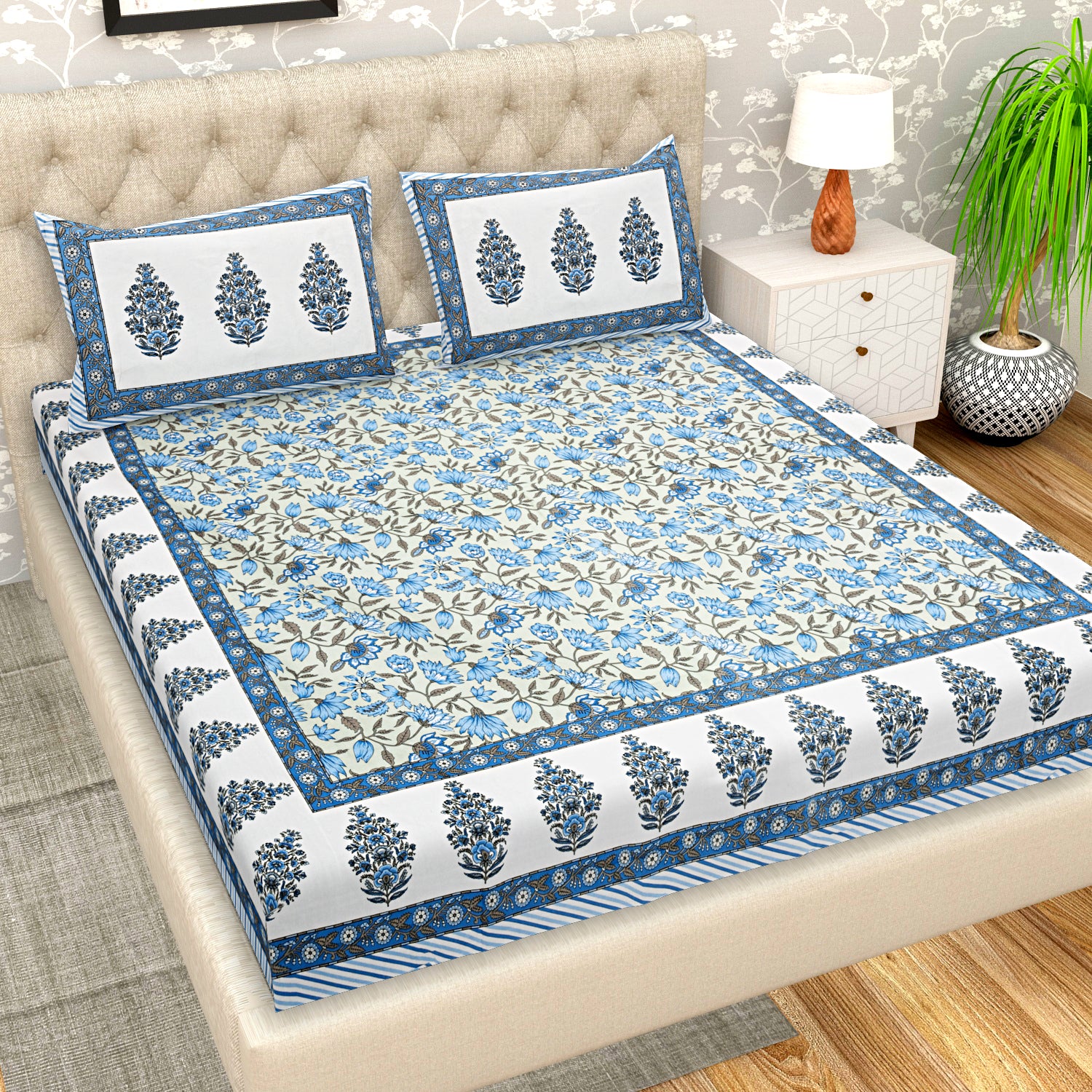 108 X 108 inch Super King Size 100% Cotton Bedsheet for Double Bed with Pillow Cover Gift Or Decor